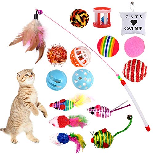 GOLDGE 16 Piezas Juguetes para Gatos, Juguete Interactivo con Plumas para Gatos, Ratóns y Bolas Varias para Gatos