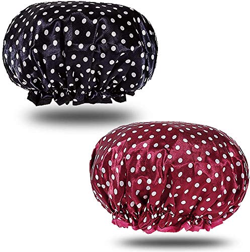 Gorros de Ducha,Impermeable Gorros de Ducha 2 Pack Grande Reutilizables Gorro de Baño Elástico Doble Capa Mujeres Gorros de Pelo para Dama Mujer Ducha SPA Salon Lunares Rojos Negros Grande