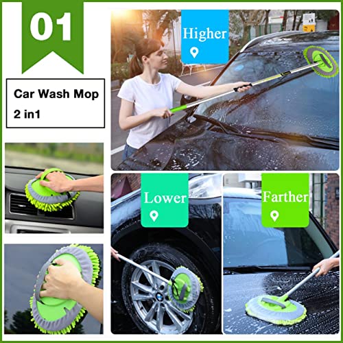 GreatCool Kit de Cepillo para Lavar Coche 4 Pezzi Fregona Limpieza de Coche Con Mango Largo de Aluminio de 113cm Microfibra Cepillo para Pedales y Pisos Cepillo para Detalles Toalla RV Camion