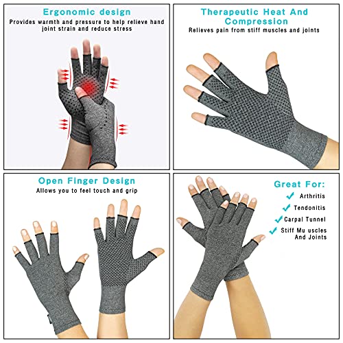 Guantes para artritis, manos y muñecas, guantes para artritis, sin dedos, para mujeres y hombres, guantes de compresión grises, alivian los síntomas de la artritis y túnel carpiano [un par] (L)