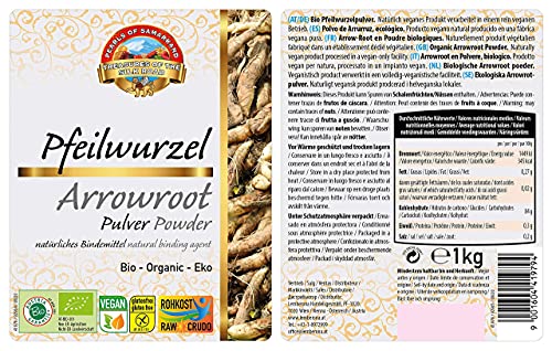 Harina de arrurruz ecológica - 1kg - 100% pura y natural - almidón de arrurruz sin gluten - verduras crudas - vegano