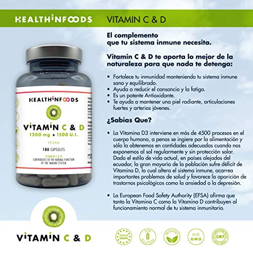 Healthinfoods | Vitamina C y D | 1200 mg de Vitamina C y 1500 U.I. de Vitamina C | Altamente Concentrada | Refuerza el Sistema Inmune y Fortalece tus Defensas | 180 Cápsulas Veganas