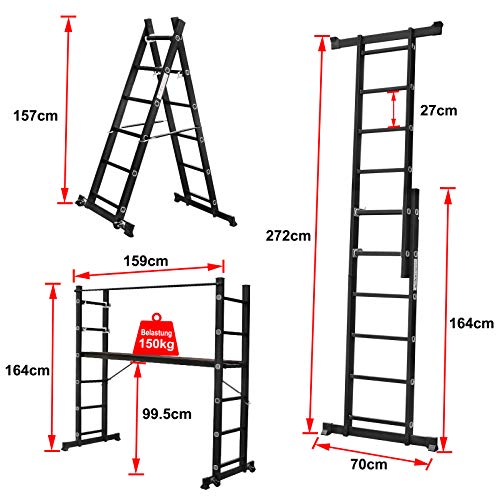 HENGMEI Andamio de aluminio, escalera de trabajo, plataforma de trabajo, andamio, escalera, soporta hasta 150 kg, color negro