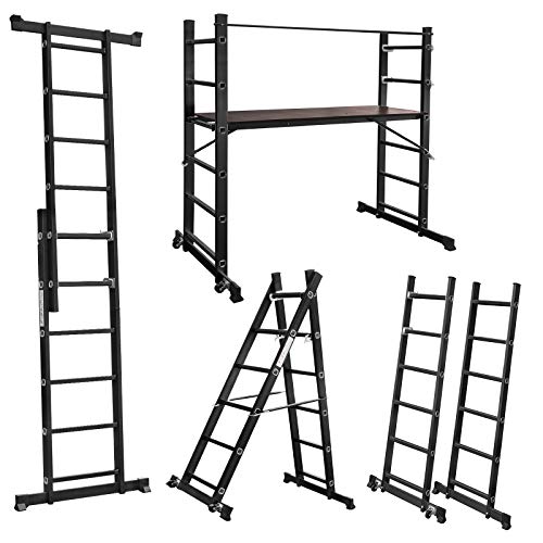 HENGMEI Andamio de aluminio, escalera de trabajo, plataforma de trabajo, andamio, escalera, soporta hasta 150 kg, color negro