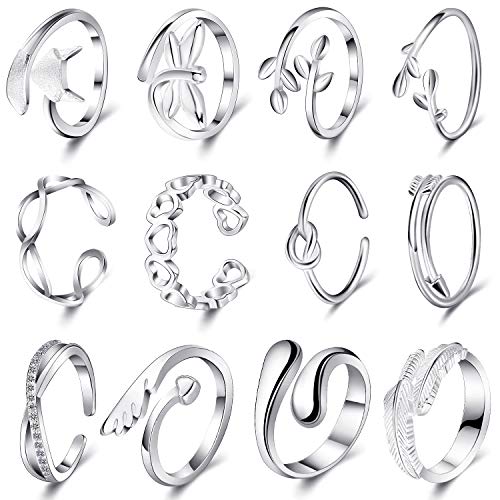 Hicarer Juego de Anillos Abiertos de Plata de 12 Piezas Anillos de Dedo Ajustables Anillos Abierto de Nudo de Pie Anillos de Cola de Articulación Apilables Varios Joyería de Playa para Mujeres Niñas