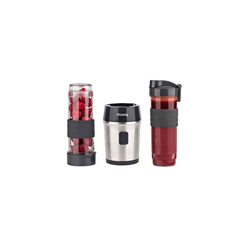 H.Koenig SMOO9 Batidora de Vaso Portátil, Licuadora Mini, Smoothie Maker, Batidora Para Zumos, Batidos, Smoothies, Capacidad de 570 mL, 300 W, Incluye 2 Botellas Portátiles, Acero Inoxidable