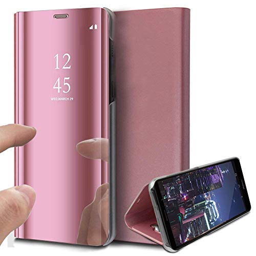 HMTECH Funda Samsung Galaxy A20 / A30 / A50 Funda Espejo Mirror Libro Flip Soporte Plegable Espejo Enchapado Window View Delantera y Trasera Completa Protectora Carcasa,Mirror PU Rose Gold