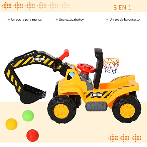 HOMCOM 4 en 1 Excavadora Juguete para Niños +3 Años Tractor Infantil con Pala Caja Oculta de Almacenaje Aro de Baloncesto Volante Giratorio 98x30x46 cm Amarillo