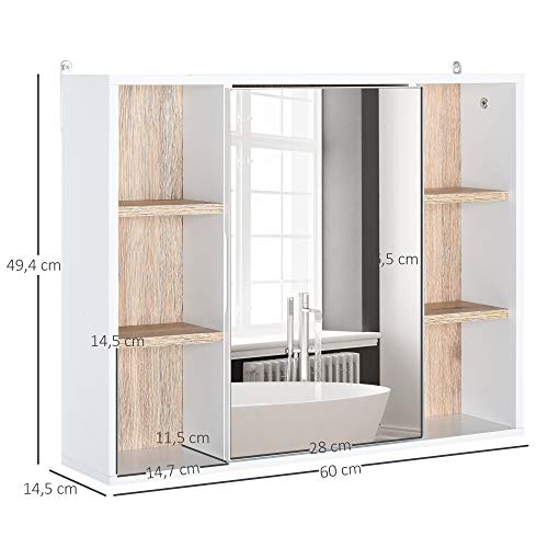 HOMCOM Armario Espejo con Espacio Interno con Estantes Ajustables Armario de Baño Montado en la Pared con Estantes Abiertos 60x14,5x49,4 cm Blanco y Roble