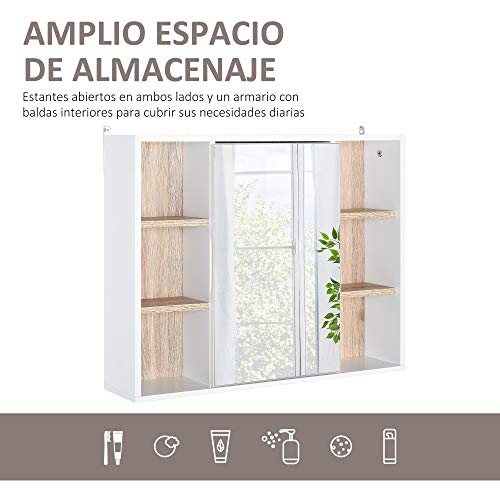 HOMCOM Armario Espejo con Espacio Interno con Estantes Ajustables Armario de Baño Montado en la Pared con Estantes Abiertos 60x14,5x49,4 cm Blanco y Roble