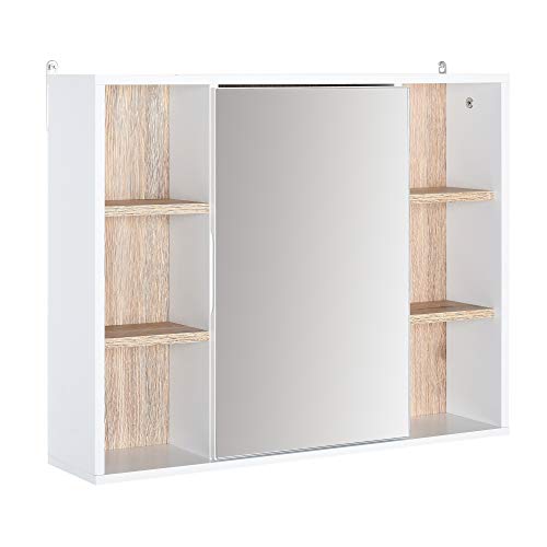 HOMCOM Armario Espejo con Espacio Interno con Estantes Ajustables Armario de Baño Montado en la Pared con Estantes Abiertos 60x14,5x49,4 cm Blanco y Roble