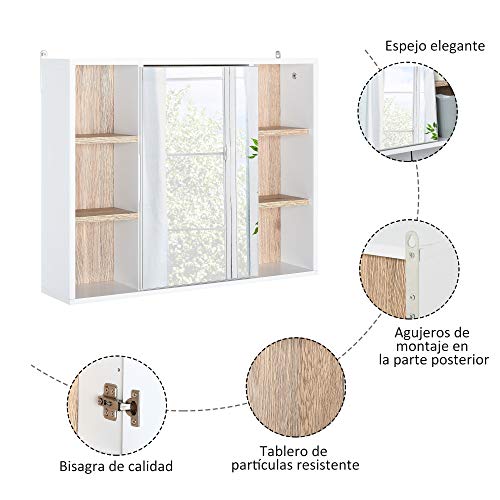 HOMCOM Armario Espejo con Espacio Interno con Estantes Ajustables Armario de Baño Montado en la Pared con Estantes Abiertos 60x14,5x49,4 cm Blanco y Roble