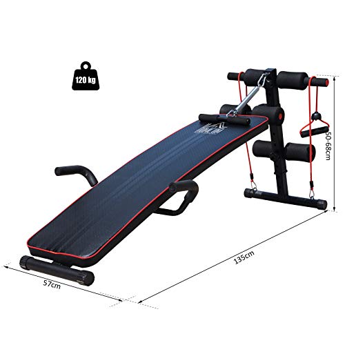 HOMCOM Banco de Abdominales Altura Ajustable Banco de Musculación Multifuncional para Fitness Entrenamiento de Espalda Abdominal Piernas Carga 120kg con 2 Cuerdas y 1 Tirador de Resorte