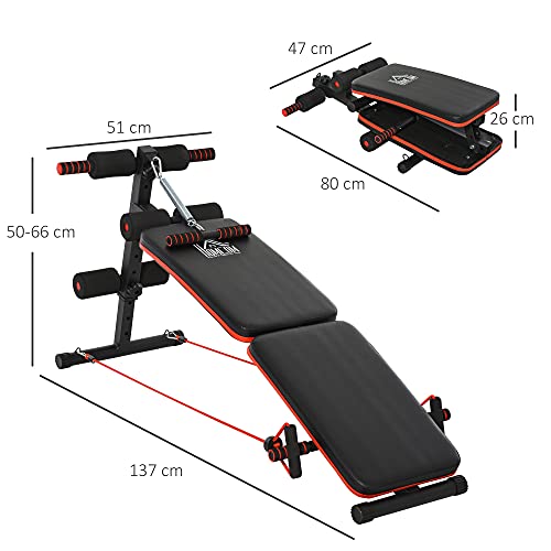 HOMCOM Banco de Sentadillas Banco Abdominales Plegable Ajustable en Altura con Soporte Poplíteo Regulable Ideal Hogar y Gimnasio 137x51x50-66 cm Negro