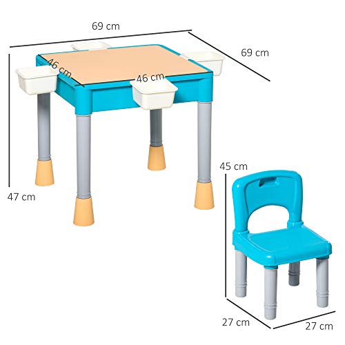 HOMCOM Juego de Mesa y 2 Sillas para Niños con 135 Bloques de Construcción Mesa de Ambos Lados Útiles para Dibujar y Cenar con Gran Almacenaje 69x69x47 cm Multicolor