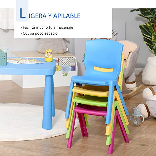 HOMCOM Sillas Apilables para Niños Juego de 4 Sillas de Aprendizaje para Interiores y Exteriores Escuela Hogar Jardín de PP Carga Máx. 30kg 36x38x56,5 cm Multicolor