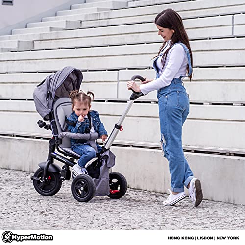 HyperMotion, Cochecito Triciclo para Niños de 12 Meses a 5 Años (25 kg), Cubierta de Lluvia, Ruedas Bombeadas, Asiento Giratorio, Plegable, Color Gris