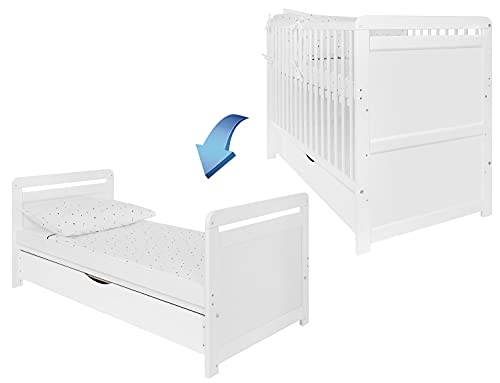 iGlobal Cuna de bebé 2 en 1, con colchón, altura regulable, convertible en cama infantil, cajón inferior de 120 x 60 cm