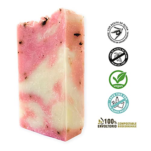 Jabón Natural de Rosa Mosqueta - Jabon de Manos, Cuerpo, y Cara Cicatrizante y Regenerador, Pastilla Sólida Ecológica y Artesanal, Fabricado en España, Vegano y Sin Aceite de Palma (100 g)