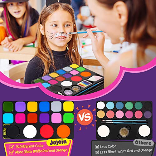 Jojoin 16 Colores Pinturas Cara, Pintura Facial, Maquillaje al Agua para Pascua/Carnaval, con 1 Libro Tutorial, 94 Pegatinas de Diamantes de Imitación, 2 Colores Destellos, para Disfraz de Carnaval