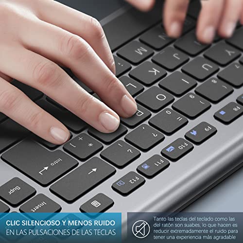 JOYACCESS Teclado y Raton Inalambrico,2.4Ghz Delgados Portátil Teclado Inalambrico Recargable de Tamaño Completo Español,Ratón Inalámbrico Ergonómico Silencioso para PC,Laptop,Smart TV-Negro y Gris