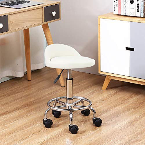 KKTONER Taburete de Cuero Artificial con Respaldo Giratorio Taburete con Ruedas de Altura Ajustable con Ruedas para Pintar Tatuaje Masaje SPA Tienda Taburete de Trabajo con Pedal (Blanco)