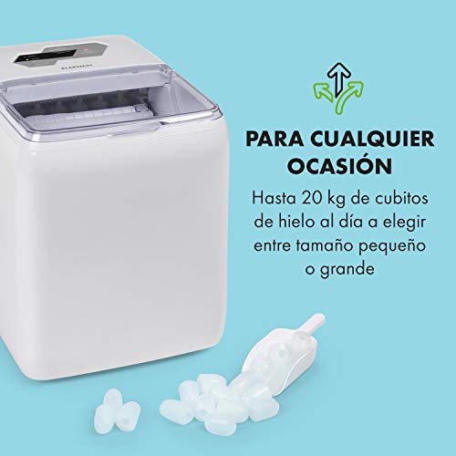 Klarstein Coolio máquina de cubitos de hielo - hielo transparente, 20 kg de hielo aldía, depósito de agua de 2,8 l, panel táctil, 2 tamaños de cubitos, Auto-Clean, máquina que fabrica cubitos, hielo