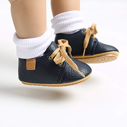 LACOFIA Zapatos Oxford con Cordones para Bebé Niños Zapatillas Primeros Pasos Antideslizantes para Bebés Azul Marino 12-18 Meses