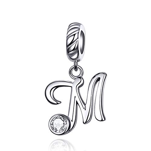 LaMenars Letras Colgantes de Alfabeto A-Z Abalorios Charms Originales Plata de Ley 925 con Circonita Cúbica para Pandora & Europeo Pulseras Brazaletes Collares para Mujer (Letter M)