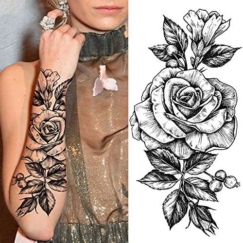 LAROI 10 Hojas Gran Realista Rosa Peonía Flor Tatuajes Temporales Adultos Mujer Festival Negro Tatuaje Pegatinas 3d Flor Dama Hombro Tatuajes Diy Gran Tatuaje Sexy Brazo Cadenas Patrón Tattoos