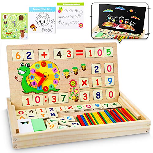 lenbest Matemáticas & Reloj Juguetes Caja Madera, Juguete Montessori Multifuncional de Reloj & Operación Matemática & Pintura, con Pizarra Magnética y 3 Tarjetas Matemáticas para Educación Temprana