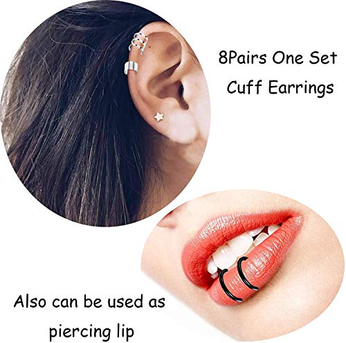 LOLIAS 8 Pares Acero Inoxidable Puño de Oreja Pendientes para Mujeres Hombres Ear Cuff Helix Clip Cartílago Pendientes Anillo de Nariz Labio Piercing Falso Tragus Pendientes Sin Agujero Mujer