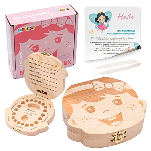 Magicat Caja dientes de leche para niños y niñas - cajita de madera para guardar dientes de bebé - regalos para acumulación de dientes (niña) - incluye pinzas y cuento del hada de los dientes