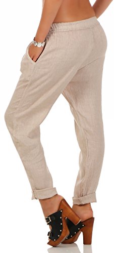 Malito Ocio Pantalones de Lino con Cintura Elástica 6816 Mujer (S, Beige)