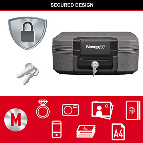 Master Lock LCHW20101 Caja Fuerte Portatil Ignifuga y Impermeable con Llave Medium Adecuada para A4 Documentos, Dispositivos Electrónicos, Soporte Multimedia, Pequeños