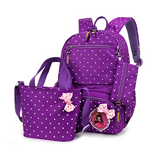 MCUILEE® Conjunto de 3 Polka Dot Lindo Las Mochilas Escolares Universidad/Bolsas Escolares/Mochila niños niñas Adolescentes + Bolsa de Mano + Bolsa de lápiz,Púrpura