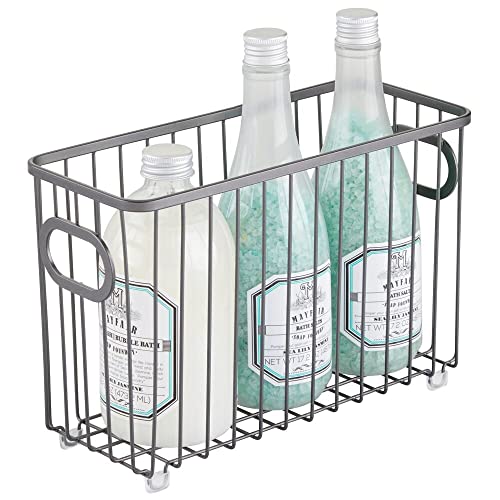 mDesign Cesta de almacenaje en metal con asas integradas – Caja organizadora pequeña con atractivo diseño en malla de alambre – Ideal como organizador de baño para cosméticos – gris oscuro