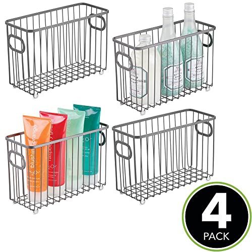 mDesign Juego de 4 cestas de almacenaje en metal con asas integradas – Caja organizadora pequeña con atractivo diseño en malla de alambre – Ideal como organizador de baño para cosmética – gris oscuro