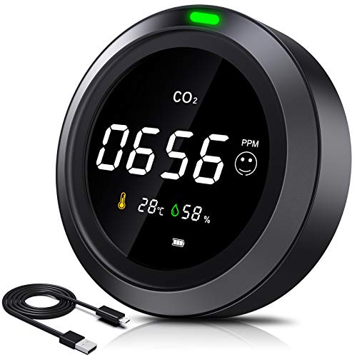 Medidor de CO2, CURCONSA Detector de CO2 3 en 1, con Temperatura Ambiente y Humedad de 400-5000 ppm,Batería de Litio Recargable de 2400 mAh, Adecuado para Dormitorio, Oficina, Coche