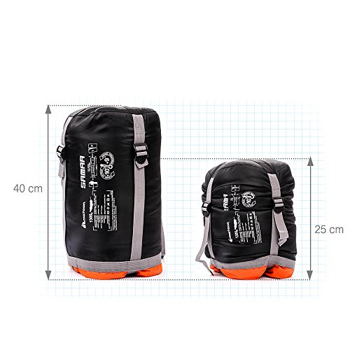 meteor Saco de Dormir Tipo Momia - Ideal para niños y Adultos en Viaje, Camping, Festival, Acampada Senderismo al Aire Libre Portátil con Saco de Compresion Samar (Cremallera Derecha, Naranja/Negro)