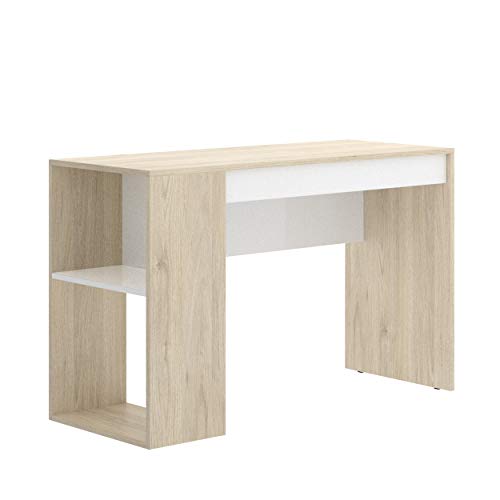 Mobelcenter - Mesa Escritorio Teo Reversible con Cajón y Estante con 2 Huecos - Mesa de Oficina con Acabado en Color Natural y Blanco - Medidas: Ancho: 115 cm x Fondo: 50 cm x Alto: 74 cm - (1204)