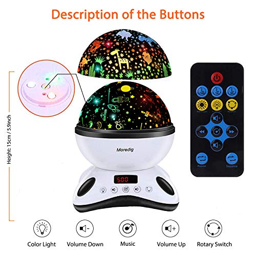 Moredig Lámpara Proyector Estrellas, 360° Rotación Músic Lampara con Temporizador led Pantalla y Control Remoto, 8 Modos Romántica luz de la Noche, Perfecto Regalo para Bebés, Negro