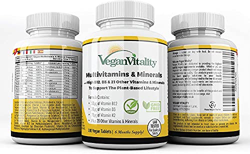 Multivitaminas y minerales veganos con vitamina B12, D3 y K2 de alta resistencia. 180 tabletas multivitamínicas - 6 meses de suministro. Diseñado para veganos y vegetarianos