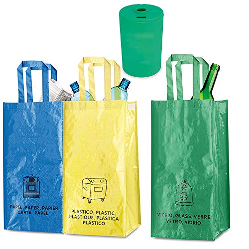 Natuiahan Pack de 3 Bolsas de Reciclaje Duraderas. Robustas, Prácticas y Fáciles de Limpiar y Transportar. Incluye un Pequeño Contenedor de Reciclaje de Pilas