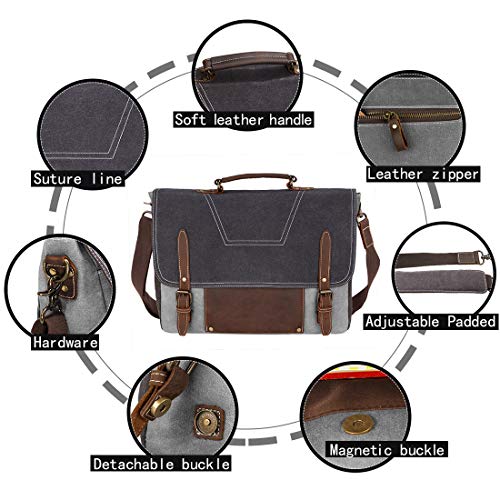 NEWHEY Bolsa Mensajero Maletin Hombre Vintage Resistentes Bolso Bandolera Hombre Impermeable Lona Bandolera para Ordenador Portátil 15.6 Gris