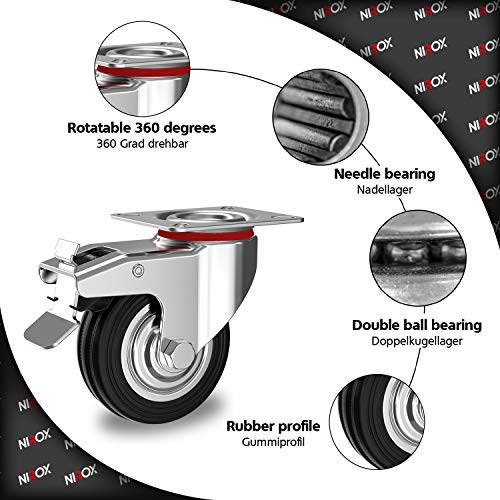 Nirox Juego de 4 Ruedas industriales 125 mm - Ruedas giratorias para cargas pesadas con freno hasta 400 kg - Ruedas para muebles para en interiores y exteriores - Ruedas pivotantes altura 157 mm