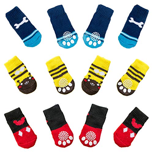 NO Miystn Calcetines Antideslizantes para Perros, Calcetines para Perros, Protector Patas Perro, Ajuste para Perros Extra Pequeños a Grandes (12 Piezas, Rojo, Amarillo y Azul)