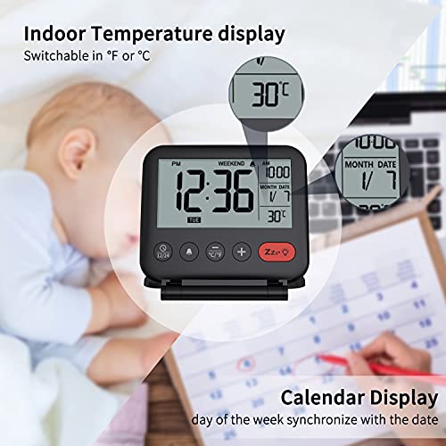 NOKLEAD Reloj Despertador Digital de Viaje - Mini Reloj Pantalla LCD portátil Calendario retroiluminado, Temperatura del Calendario Espejos cosméticos, Reloj de Escritorio Plegable (negro1)