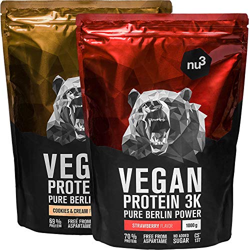 nu3 Proteína vegetal fresa + cookies & cream - 2kg de proteina vegana 3K en polvo con hasta 70% de proteína a base de 3 componentes vegetales - Proteínas para el crecimiento de la masa muscular