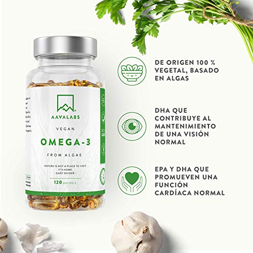 Omega 3 Vegano AAVALABS [ 1100 mg ] - de Aceite de Algas de Origen Vegetal Sostenible 600 mg DHA + 300 mg EPA por Dosis Diaria - Pureza Nórdica - 100% Vegano - 120 Cápsulas Blandas